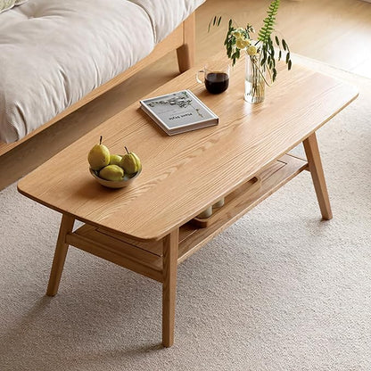 Modern Solid Wood Coffee Table, 2-Tier Small Wooden Coffee Table with Storage Shelf for Living Room, Apartment, Office, Natural (40''D x 20''W x 18''H)