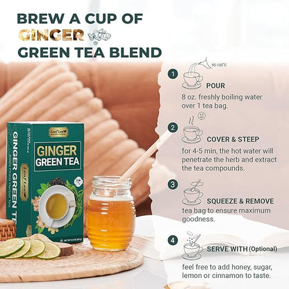 LeafLea Green Tea with Ginger, 80 Tea Bags (2 Packs), Natural Green Tea with Ginger Root, Lightly Sweetened with Stevia, Supports Digestion and Immunity, Low Caffeine, Non-GMO, Gluten-Free