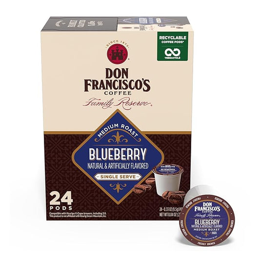 Don Francisco's Blueberry Flavored Coffee - 24 K-Cup Compatible Single-Serve Pods - 100% Arabica - Recyclable through Terracycle - Smooth, Sweet Berry Flavor