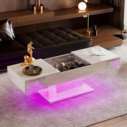 LED Coffee Table with Storage for Living Room, Living Room Table Rectangular Center Table, Modern High Glossy Wooden Coffee Tables with 16 Colors LED Lights for Dining Reception Room, White