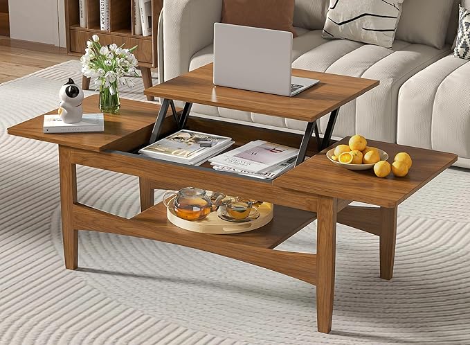 Coffee Table with Lifting Top, Rectangle Wood Lift Top Coffee Table with Open & Hidden Storage, Mid Century Pull up Center Tables for Living Room, Office (Walnut)