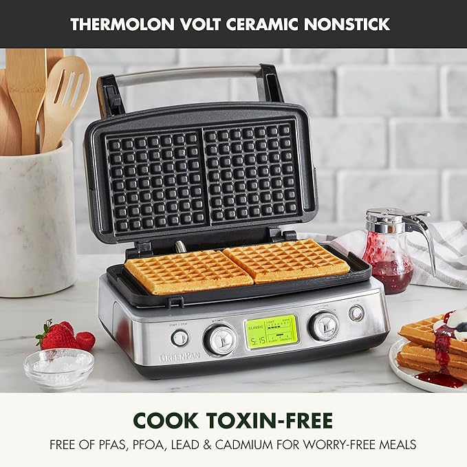 GreenPan Elite 2-Square Belgian & Classic Waffle Iron, Healthy Ceramic Nonstick Dishwasher Safe Plates, Adjustable Shade/Crunch Controls, Wont Overflow, Easy Cleanup Breakfast, Stainless Steel