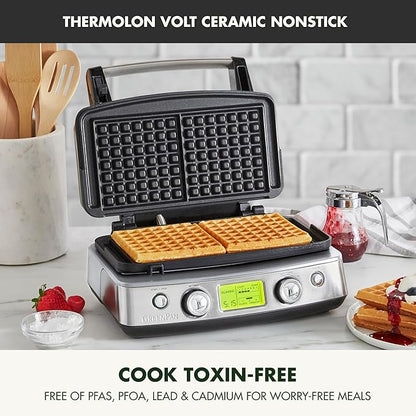 GreenPan Elite 2-Square Belgian & Classic Waffle Iron, Healthy Ceramic Nonstick Dishwasher Safe Plates, Adjustable Shade/Crunch Controls, Wont Overflow, Easy Cleanup Breakfast, Stainless Steel