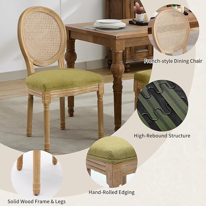 Vintage French Country Dining Chairs Set of 6, Rattan Dining Chairs with Solid Wood Legs, Upholstered Dining Chair, Sillas para Comedor, Kitchen & Dining Room Chair (Olive Green, Rattan, 6Pcs)