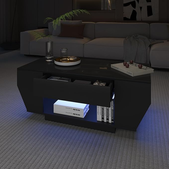 42" Black Modern Coffee Table for Living Room, High Glossy Wooden Living Room Table with Storage, Led Rectangular Coffee Tables with 2 Drawers, Wood Center Table for Reception Dinning Room