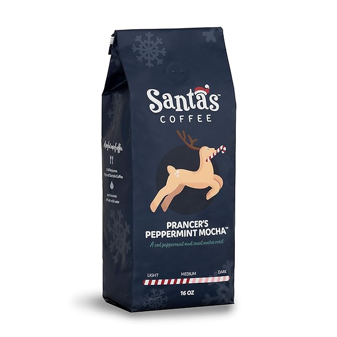 Santa's Coffee Prancer's Peppermint Mocha, Medium Roast - Whole Bean, 16oz Bag, Holiday Seasonal Blend – Christmas Gift for Coffee Lovers