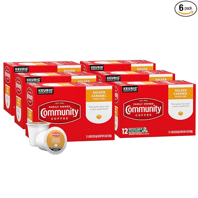 Community Coffee Golden Caramel Flavored 72 Count Coffee Pods, Medium Roast, Compatible with Keurig 2.0 K-Cup Brewers, 12 Count (Pack of 6)