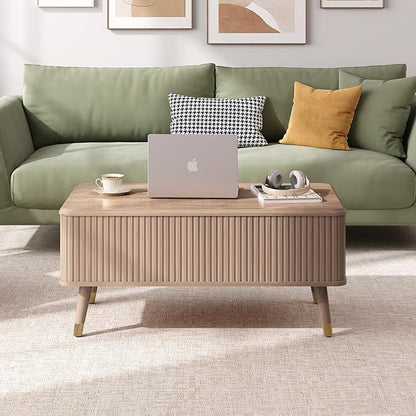 Lift Top Coffee Table, Mid Century Modern Coffee Table with Hidden Storage Compartment, 38" Fluted Center Table for Living Room, Home Office, Natural Oak