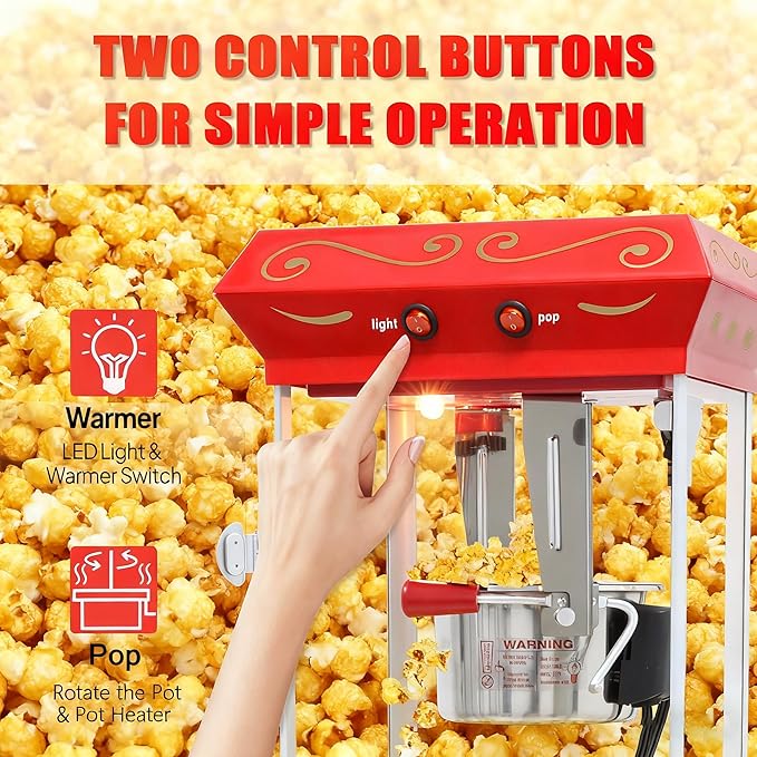 Popcorn Machine with Cart & Wheels - Stainless Steel 8OZ Kettle Pop corn Maker Machine for Home, Theater, Parties Grade Electric Popper, Red