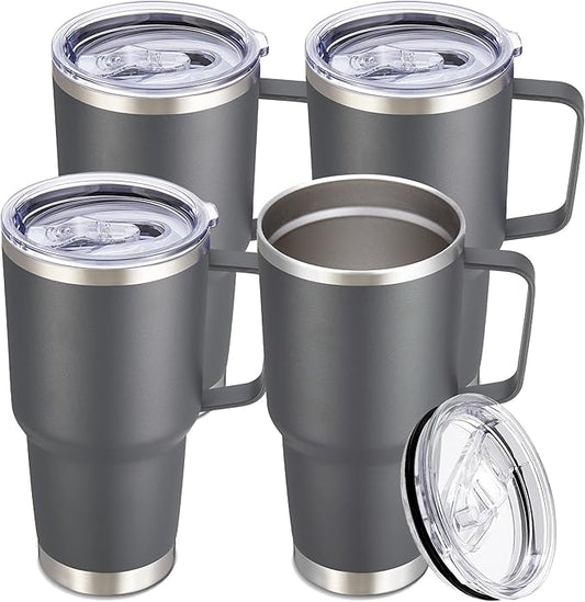 30 oz Tumbler with Handle and Lid, Stainless Steel Tumblers Bulk Double Wall Vacuum Insulated Travel Mug Leak Proof Cup Keep Drinks Cold and Hot Grey, 4 Pack