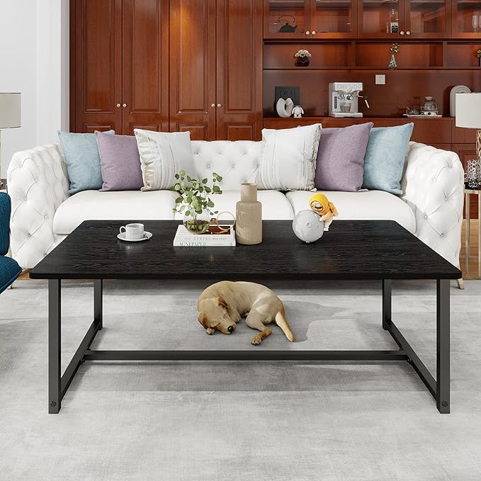 Black Coffee Table Rectangular Center Table for Living Room Open Space Side Table with Metal Frame, Easy Assembly,Wood Coffee Table