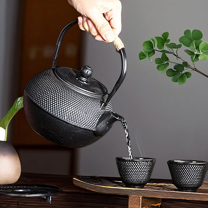 Japanese Cast Iron Tea Cups, Small and Heavy Teacups with no Handles, Japanese Style Cup for Adults, Asian Teacup, Coated with Enameled Interior, 4 Pcs/Box (Black, 3.38oz/100ml)