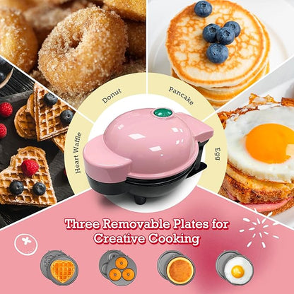 Mini Waffle Maker with 6 Removable Plates,Small Heart Waffle Maker Keto,3-in-1 Multi-plate set,Wafflera Iron for Kids Family&Individuals,4'' Non Stick Cooking Plates with Fast & Even Heating(Pink)