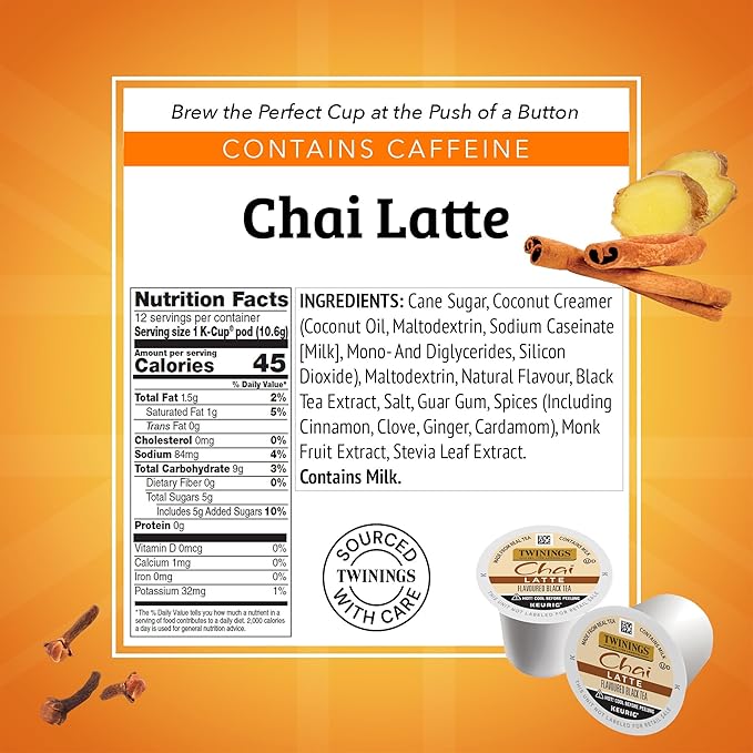 Twinings Chai Latte Black Tea 72 K-Cup Pods for Keurig, 12 Count (Pack of 6), Creamy, Slightly Sweet, Less Sugar, Caffeinated, Enjoy Hot or Iced