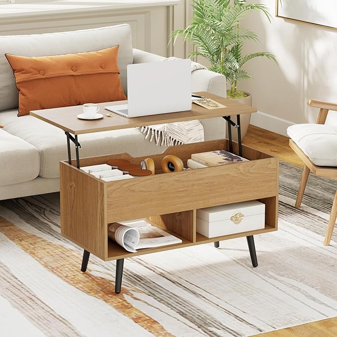 Tangkula Lift Top Coffee Table, Modern Cocktail Table with Hidden Compartment & 2 Open Shelves, Flip Top Center Table, Wooden Pull up Coffee Table for Living Room, Reception Room, Office (Natural)