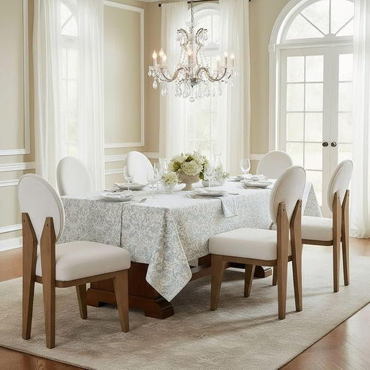 Mid-Century Modern Walnut Dining Chairs Set of 6, Vintage White Wooden Kitchen Chairs, Retro Upholstered Linen Cushioned Seat with Curved Backrest, Armless Accent Side Chair for Bedroom