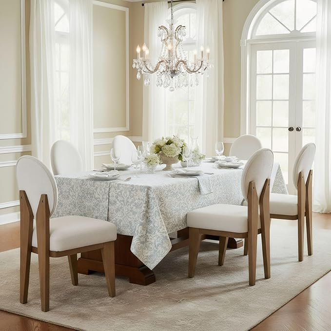 Mid-Century Modern Walnut Dining Chairs Set of 6, Vintage White Wooden Kitchen Chairs, Retro Upholstered Linen Cushioned Seat with Curved Backrest, Armless Accent Side Chair for Bedroom