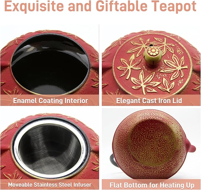 Cast Iron Teapot Tea Kettle with Stainless Steel Infuser for Stovetop Safe Coated with Enameled Interior Japanese Red Tetsubin with Maple Leaves Pattern(30.4oz/900ml)