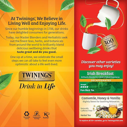 Twinings Decaffeinated English Breakfast Black Tea Individually Wrapped Bags, 25 Count (Pack of 6), Flavourful, Robust, Enjoy Hot or Iced, 150 Teabags