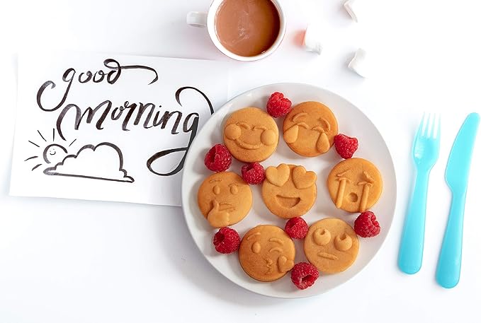 Mini Emojis Waffle Maker for Special Breakfast- Make 7 Unique Smiley Face Waffles Pancakes- Electric Non Stick Iron Feat Kiss Face Heart Eyes & Smile with Recipes, Gift for Her Kids- Licensed by Emoji