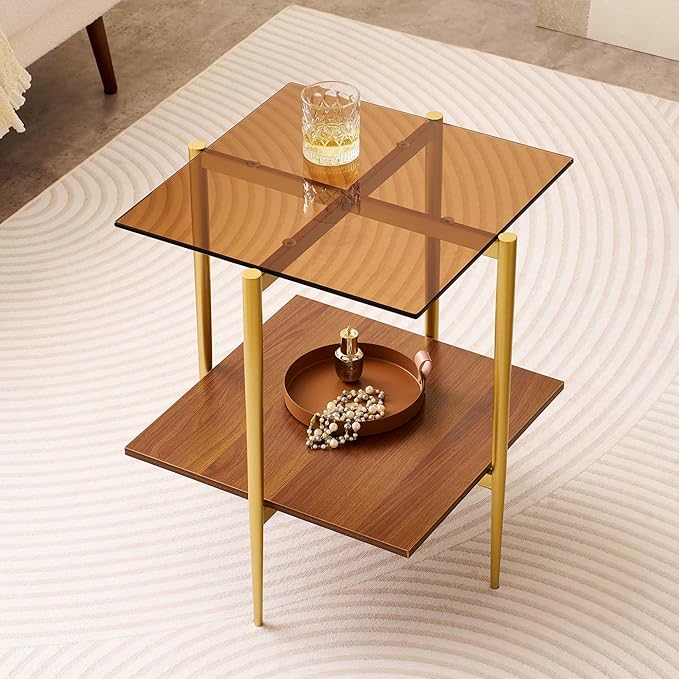 Glass End Table, Mid-Century Modern Design Sofa Table, L41 x W21 x H17, for Living Room, 2-Tier Structure, Clear Glass Top and Walnut MDF Shelf, Sleek Conical Metal Legs with Gold Finish Frame