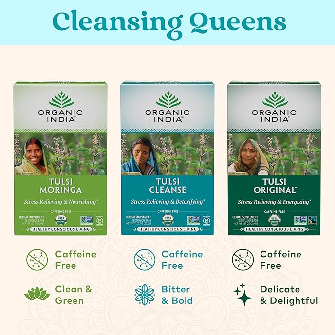 ORGANIC INDIA Tulsi Cleanse Tea - Holy Basil, Ginger, Turmeric, Herbal Tea, Stress Relieving & Cleansing, Immune Support, Adaptogen, Organic, Non-GMO, Caffeine-Free - 18 Infusion Bags, 3 Pack