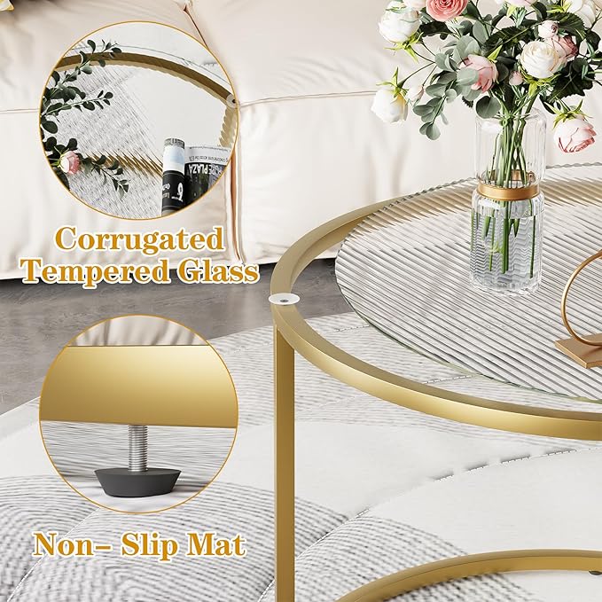 aboxoo Nesting Coffee Table Set of 2, Small Round Glass Nesting Tables for Living Room Bedroom, Accent Tea Table with Gold Metal Frame Modern Industrial Simple