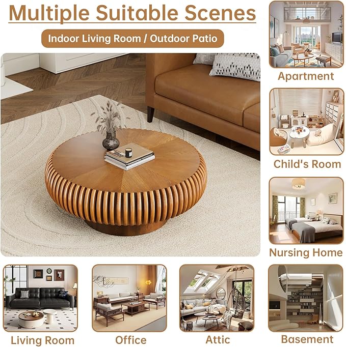 Round Coffee Table 31.4" Modern Brown Fluted Coffee Table Low Round Drum Pedestal Coffee Tables for Living Room Farmhouse (Brown 31.4in)