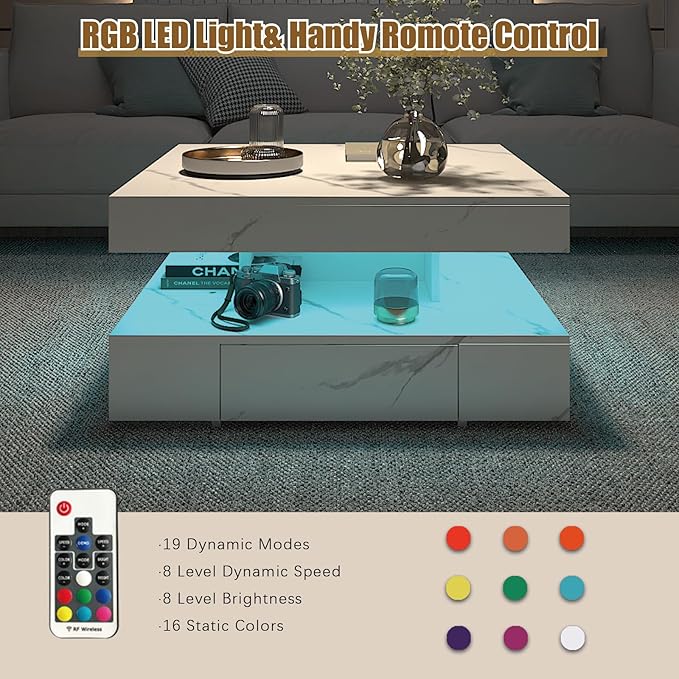 White Marble LED Coffee Table with 2 Storage Drawers for Living Room Square Center Middle Table Modern Cocktail Table with Light 2-Tier Tea Tables Contemporary Mid Century Wood Home Office