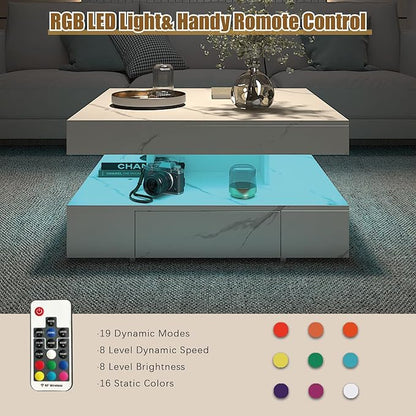 White Marble LED Coffee Table with 2 Storage Drawers for Living Room Square Center Middle Table Modern Cocktail Table with Light 2-Tier Tea Tables Contemporary Mid Century Wood Home Office