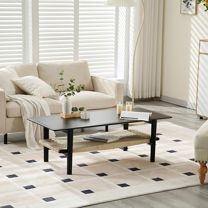 Kmax Coffee Table with Storage, Black Coffee Table Farmhouse Living Room Tables Rectangular Center Table with Rope Woven/Rattan Storage Shelf for Living Room Reception