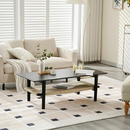 Kmax Coffee Table with Storage, Black Coffee Table Farmhouse Living Room Tables Rectangular Center Table with Rope Woven/Rattan Storage Shelf for Living Room Reception