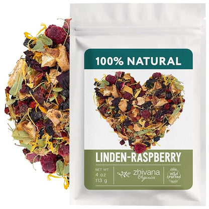 Linden & Raspberry Herbal Tea Loose Leaf – Fruity Tea with Raspberry Leaf & Fruit, Lemon Balm & Elderflower – No Caffeine – Naturally Calming Herbal Teas – 4oz.