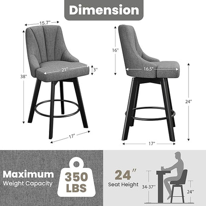 Swivel Bar Stools with Backs, 24" Counter Height Bar Stools Set of 2, Fabric Upholstered Counter Barstools with Solid Wood Legs for Kitchen Island, Home Bar, Dark Gray