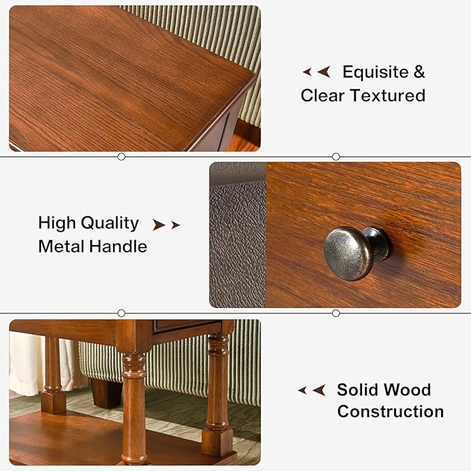 PADMA HOUSE Solid Wood Narrow End Table with Drawer, Vintage Rectangle Sofa Side Table with Storage Shelf Mid-Century Apartment Slim Bedside Table for Small Spaces,13 * 22 * 22.3in