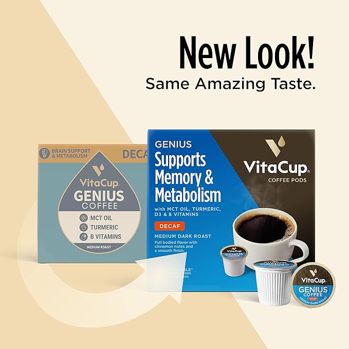 VitaCup Decaf Genius Keto Coffee Pods with MCT Oil, Turmeric, and Vitamins B1, B5, B6, B9, B12, D3 for Focus in Recyclable Single Serve Pod Compatible with K-Cup Brewers Including Keurig 2.0, 64 CT