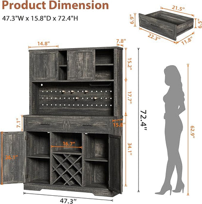 72" Coffee Bar Cabinet with Power Outlet & LED Light, Farmhouse Large Kitchen Hutch with Sliding Barn Door, Tall Bar Cabinets with Storage Drawers & Wine Glass Rack,Pantry China Cabinet,Black Oak