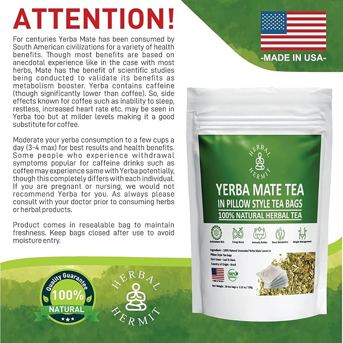 Herbal Hermit Yerba Mate herbal-teas with 50 tea bags Natural Yerba Matte Rich in Chlorophyll, Made in USA