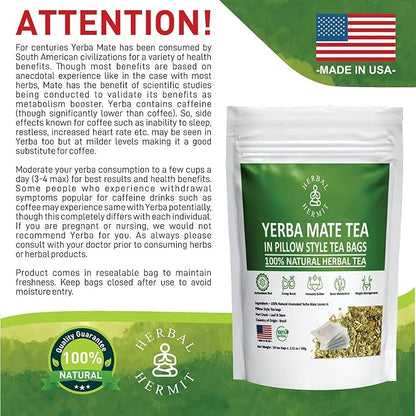 Herbal Hermit Yerba Mate herbal-teas with 50 tea bags Natural Yerba Matte Rich in Chlorophyll, Made in USA