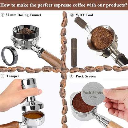 Espresso Accessories Kit 51mm Tamper: Espresso Tamper Kit with 51mm Coffee Tamper, Puck Screen, Dosing Funnel, WDT Tool, Tamper Mat | Espresso Kit Fits Espresso Coffee Machines of 51mm Portafilters