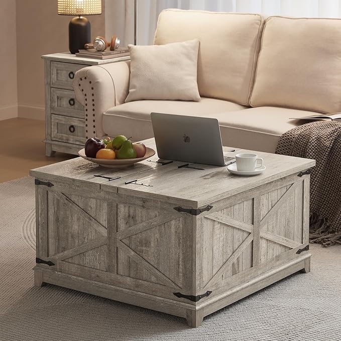 Farmhouse Coffee Table with Hidden Storage Organizer, Modern Square Large Center Table, Wood Farm House Low Rustic Light Oak Living Room Tables with Hinged Lift Top for Home, Office