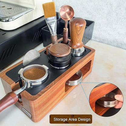 NMWearthmone Espresso Tamping Station,Solid Wood Espresso Accessories Organizer,Multi-Functional Coffee Accessories Tamper Station,Espresso Station Fit For Standard Portafilter (Upgraded Red, 51-58mm)