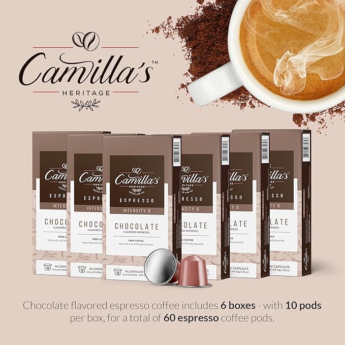 Camilla’s Heritage - Intensity 8 Chocolate Flavored Espresso Coffee, Gourmet Espresso Cups, 60 Coffee Pods