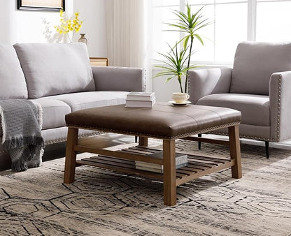 Kmax 32-Inch Dark Brown Faux Leather Coffee Table Large Square Ottoman Foot Rest Stool Upholstered Coffee Table with Wooden Shelf Storage for Living Room Office