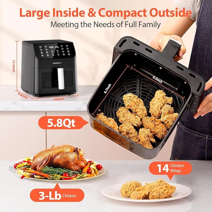Beelicious 5.8QT Large Air Fryer, 12-in-1 Digital Airfryer with Clear Window, 40+ Recipes, Flavor-Lock Tech, Shake Reminder, Compact, Quiet, Dishwasher Safe, Nonstick, Fit for Family of 2-5, Black