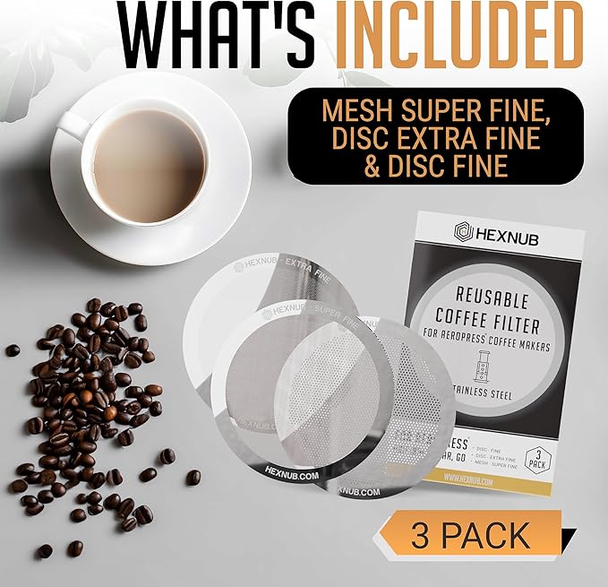 HEXNUB - Reusable Metal Filter for AeroPress Coffee Maker, Stainless Steel Filter Fits AeroPress Original & Go Coffee Press, Fuller Bodied Coffee Than Paper Filters - SILVER 3-PACK