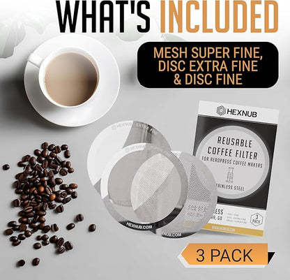 HEXNUB - Reusable Metal Filter for AeroPress Coffee Maker, Stainless Steel Filter Fits AeroPress Original & Go Coffee Press, Fuller Bodied Coffee Than Paper Filters - SILVER 3-PACK