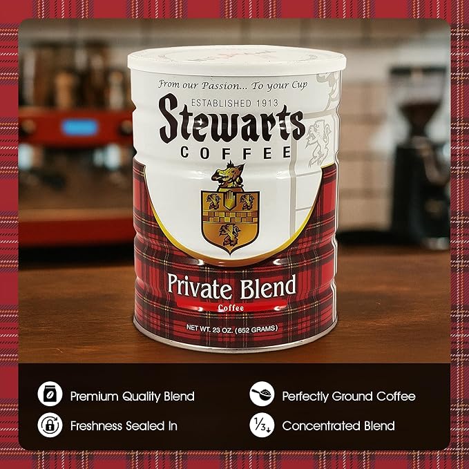 Stewarts Private Blend Medium Roast Ground Coffee - Classic Rich, Smooth & Full-Bodied Flavor Gourmet Coffee Grounds - Great for Hot, Cold Brew, Morning Breakfast, Cafe & More (23oz, Pack of 6 Cans)