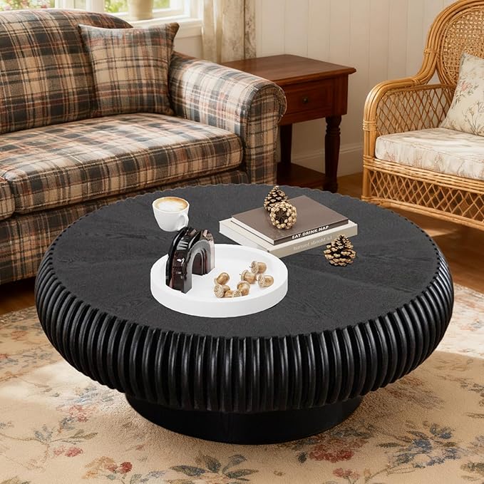 Round Coffee Table 39.3" Modern Black Fluted Coffee Table Low Round Drum Pedestal Coffee Tables for Living Room Farmhouse (Black 39.3 inch)