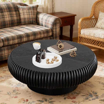 Round Coffee Table 39.3" Modern Black Fluted Coffee Table Low Round Drum Pedestal Coffee Tables for Living Room Farmhouse (Black 39.3 inch)